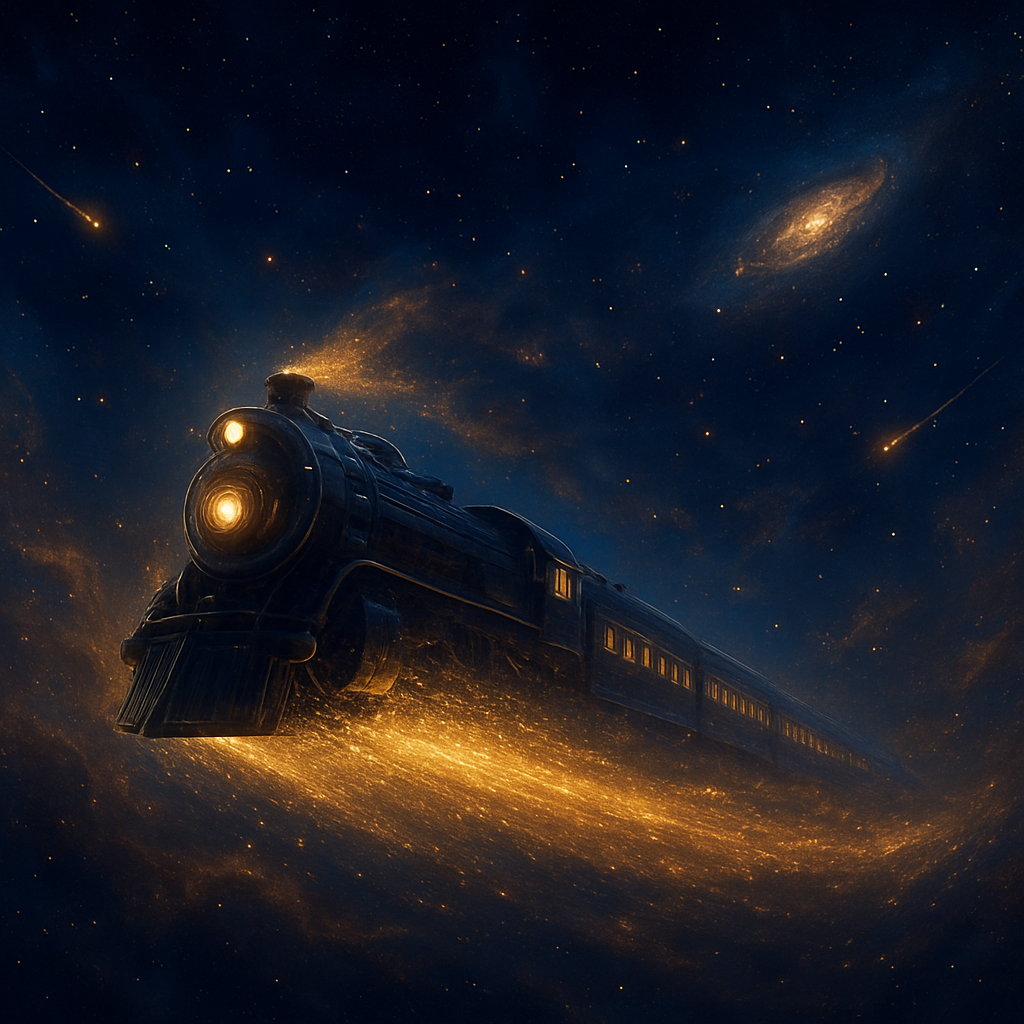 A celestial space train soaring through a cosmic nebula